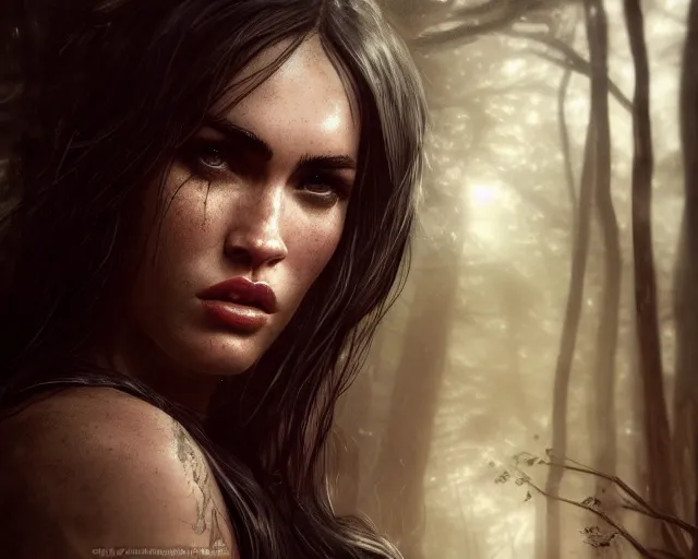 Image similar to 5 5 mm portrait photo of a real life tough looking megan fox as ciri with a large scar along her left cheek, in a magical forest. dark atmosphere. art by greg rutkowski. highly detailed 8 k. intricate. lifelike. soft light. nikon d 8 5 0.