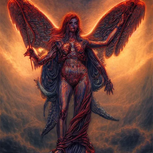 Image similar to photorealistic demon angel in the style of michael whelan and gustave dore. hyperdetailed photorealism, 1 0 8 megapixels, amazing depth, glowing rich colors, powerful imagery, psychedelic overtones, 3 d finalrender, 3 d shading, cinematic lighting, artstation concept art