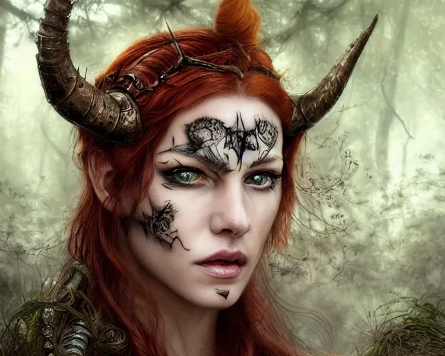 Image similar to 5 5 mm portrait photo of an armored gorgeous anesthetic redhead woman warrior with a face tattoo and cat eyes and horns growing from her head, in a magical forest in the style of greg rutkowski. by luis royo. highly detailed 8 k. intricate. lifelike. soft light. nikon d 8 5 0. cinematic post - processing