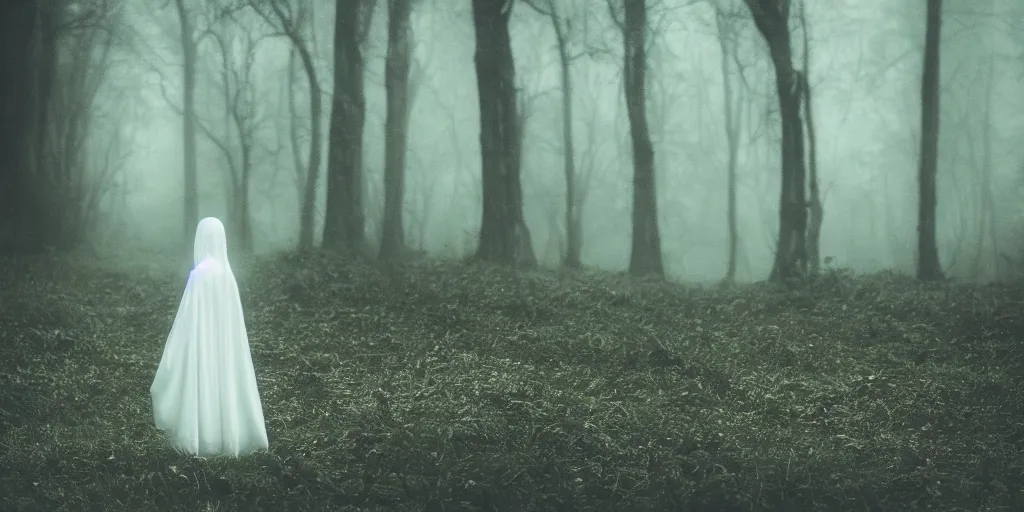 Image similar to a white female ghost in a forest, 35mm, cinematic atmosphere, mist, photorealistic, depth of field, gloomy