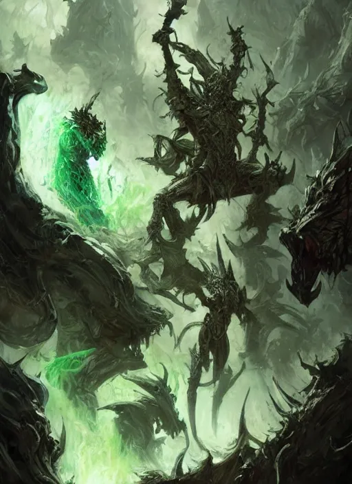 Image similar to 1 white knight fighting alone against an entire army of demons, green fire, intricate, highly detailed, digital painting, artstation, concept art, sharp focus, Dungeons and Dragons art, art by ralph horsley and greg rutkowski