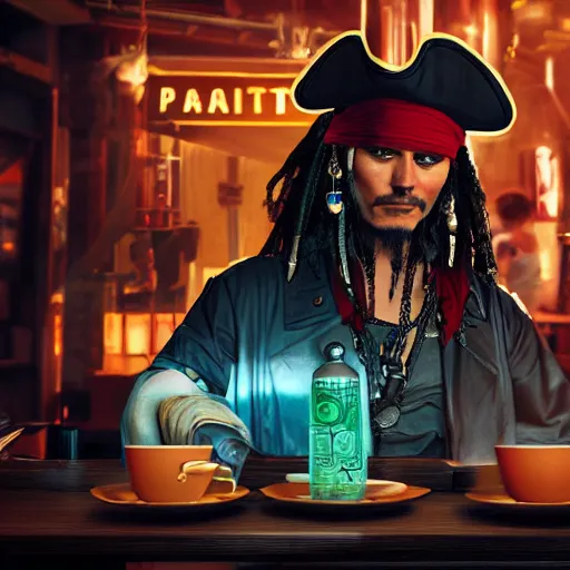 Prompt: a high quality portrait of a pirate in a cyberpunk cafe realism 8k