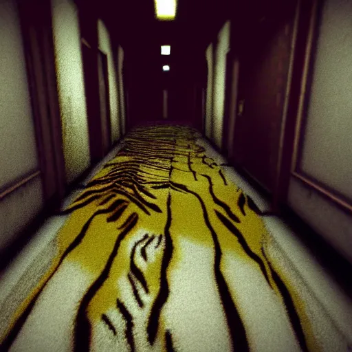 Prompt: trapped in the backrooms, backrooms indie horror, unity game, a tiger prawls in the hallway, found footage, vhs, chromatic aberration