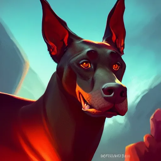 Image similar to portrait of an antropomorphic doberman creature, black hair, human body, angry look, ready for battle, masterpiece, mattepainting concept blizzard pixar maya engine on cold night stylized background splash comics global illumination lighting artstation lois van baarle, ilya kuvshinov, rossdraws