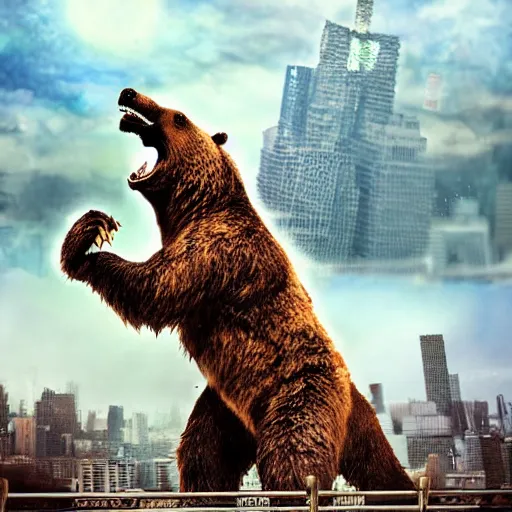 Image similar to a giant angry bear fighting with giant godzilla in the city, photomanipulation, photoshop, digital art