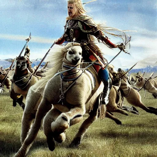 Image similar to the rohirrim riding into battle on alpacas at minas tirith