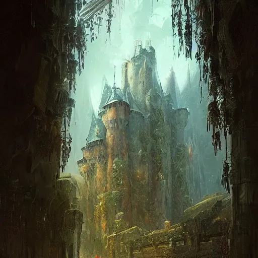 Image similar to portrait of a medieval castle in the rainforrest by Cedric Peyravernay, highly detailed, excellent composition, cinematic concept art, dramatic lighting