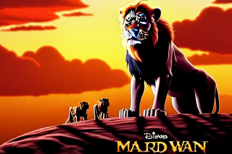 Image similar to scar ( from the lion king ), heavily armed and armored facing down armageddon in a dark and gritty reboot from the makers of mad max : fury road : witness me