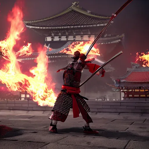 Image similar to photo of an action fight scene between a samurai and a ninja, unreal engine, hyper realistic, high detail, cinematic, magic, japan, temples, beautiful lighting, smoke, fire, lightning,