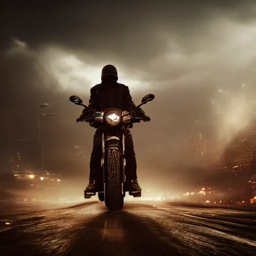 Prompt: A lonesome wanderer riding a motorcycle, dark uncanny road to a huge hive city sparkling with city lights, dark clouds, descent into madness, death, i am the night, realistic 4k octane beautifully detailed render, 4k post-processing, highly detailed, intricate complexity, epic composition, magical atmosphere, cinematic lighting, masterpiece, ultra hd