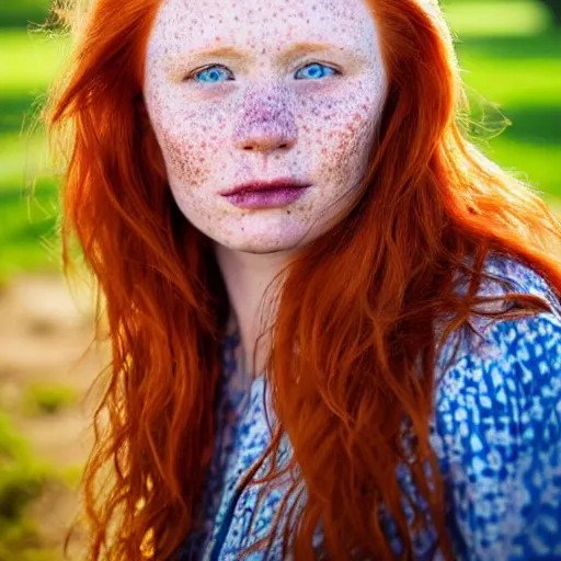 Image similar to close up hald face portrait photograph of a redhead woman with stars in her irises, and freckles. Wavy long hair. she looks directly at the camera. Slightly open mouth, face covers half of the frame, with a park visible in the background. 135mm nikon. Intricate. Very detailed 8k. Sharp. Cinematic post-processing. Award winning portrait photography