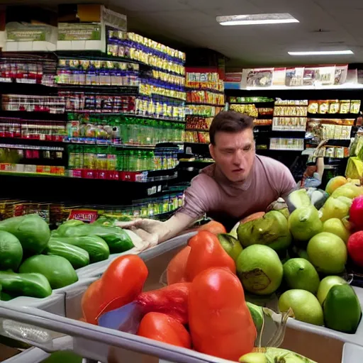 Image similar to mid shot of an alien dressed by emidio tucci buying groceries at the store, shot by amanda carlson and alex strelkovv, professional photo, masterpiece, very detailed, hyper - realistic, cinematic, 4 k