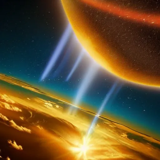 Prompt: spaceship firing thrusters above the earth with the atmosphere lit up by the sun
