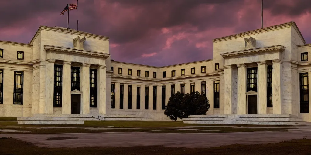 Prompt: wide angle shot of the federal reserve in an apocalyptic scene, hd, volumetric lighting, 4 k, intricate detail, by jesper ejsing, irakli nadar