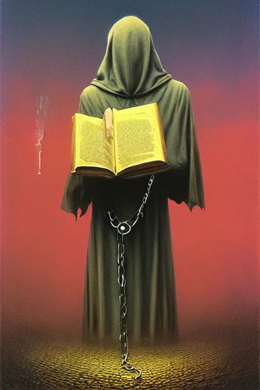 Prompt: painting of a cloaked priest holding a massive book, book attached to his wrist with a chain, zdzislaw beksinski, lewis jones, mattias adolfsson, artgerm, cold hue's, warm tone gradient background, concept art, dramatic lighting, smooth, sharp focus, highly detailed, digital painting