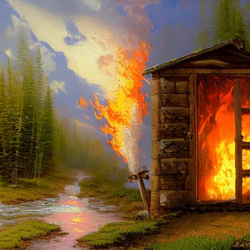 Prompt: a painting of an outhouse burning by Thomas Kinkade