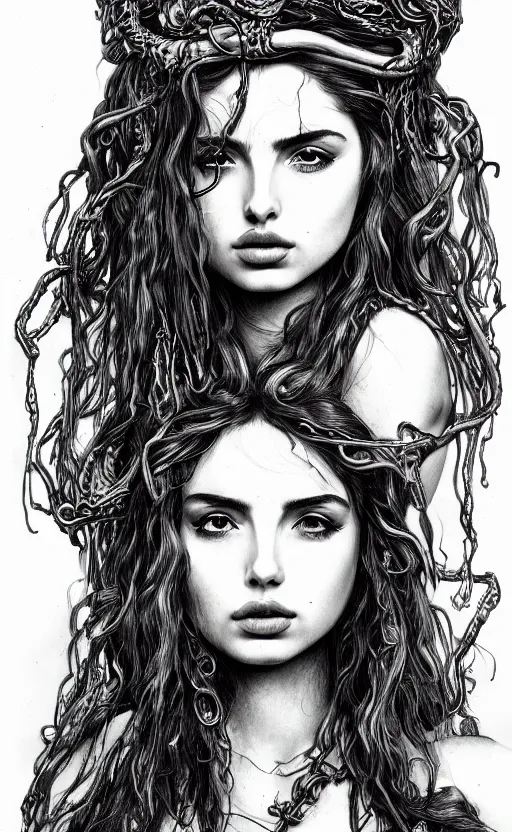 Image similar to ana de armas as medusa from greek mythology, ink drawing, hyperdetailed, 8 k realistic, trending on artstation, by alphonso dunn