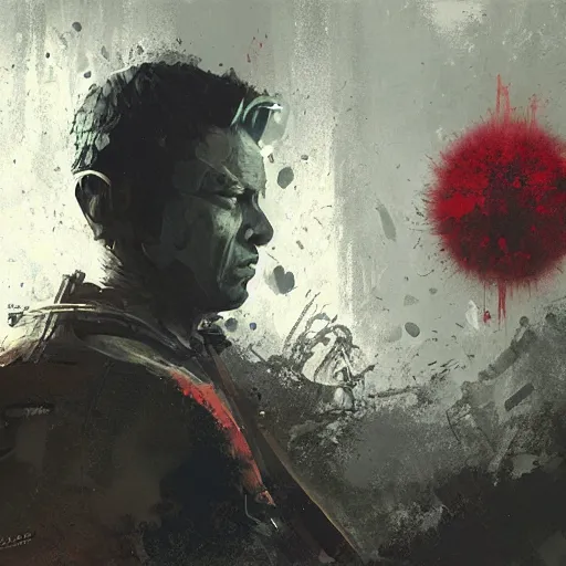 Prompt: artwork by Craig Mullins and Russ Mills and SPARTH showing a samurai in front of a red circle