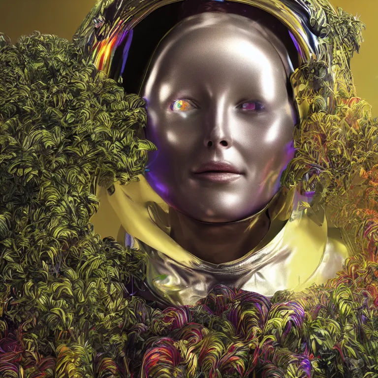 Image similar to dark and moody octane render portrait by wayne barlow and carlo crivelli and glenn fabry, subject is a woman covered in tie - dye aluminum foil space suit with a colorful metallic space helmet, surrounded by alien plants, fog and mist, cinema 4 d, ray traced lighting, very short depth of field, bokeh