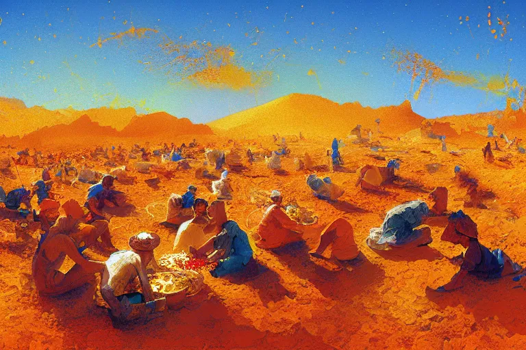 Image similar to detailed digital painting of a crowd of jews in the desert harvesting manna, orange yellow and blue color scheme, by craig mullins and ross trann