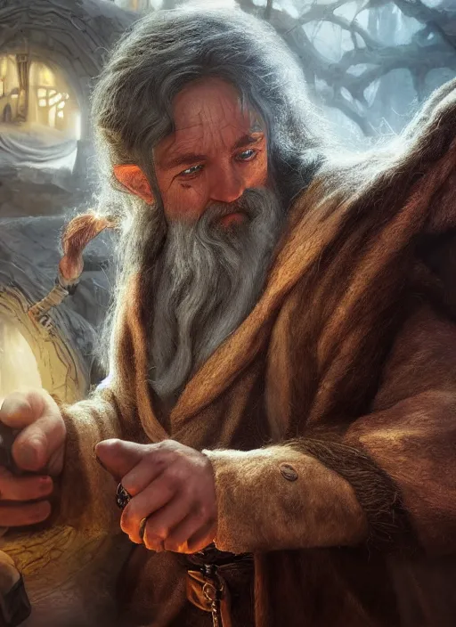 Image similar to a highly detailed airbrush painting of a mage hobbit, trending on artstation, unreal 5, daz, hyperrealistic, octane render, dungeons and dragons, dynamic lighting