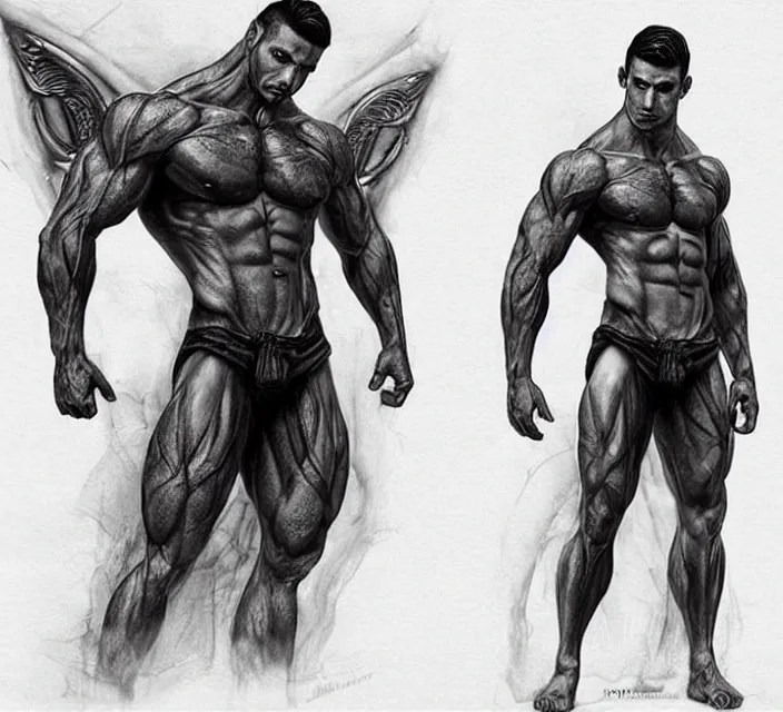 Image similar to photorealistic Portrait of frontal standing pose torso of a very attractive muscular man that looks like a romance book cover, heavily tattoed. All his skin is covered by elvish symbols and letters. Intricate, concept art, magic lighting overlays, magical portal opened, D&D!, fantasy style, sharp focus!, ultra detailed, art by Artgerm and Peter Andrew Jones, WLUP, Magali Villeneuve