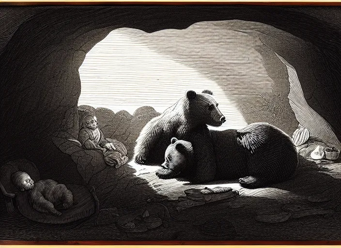 Image similar to Pieter Claesz's 'a bear and her cub sleeping in a dark cave, lit by hole in roof', night time, cross hatching, backlit, beautiful wooden frame, monochrome, colours of the sunset