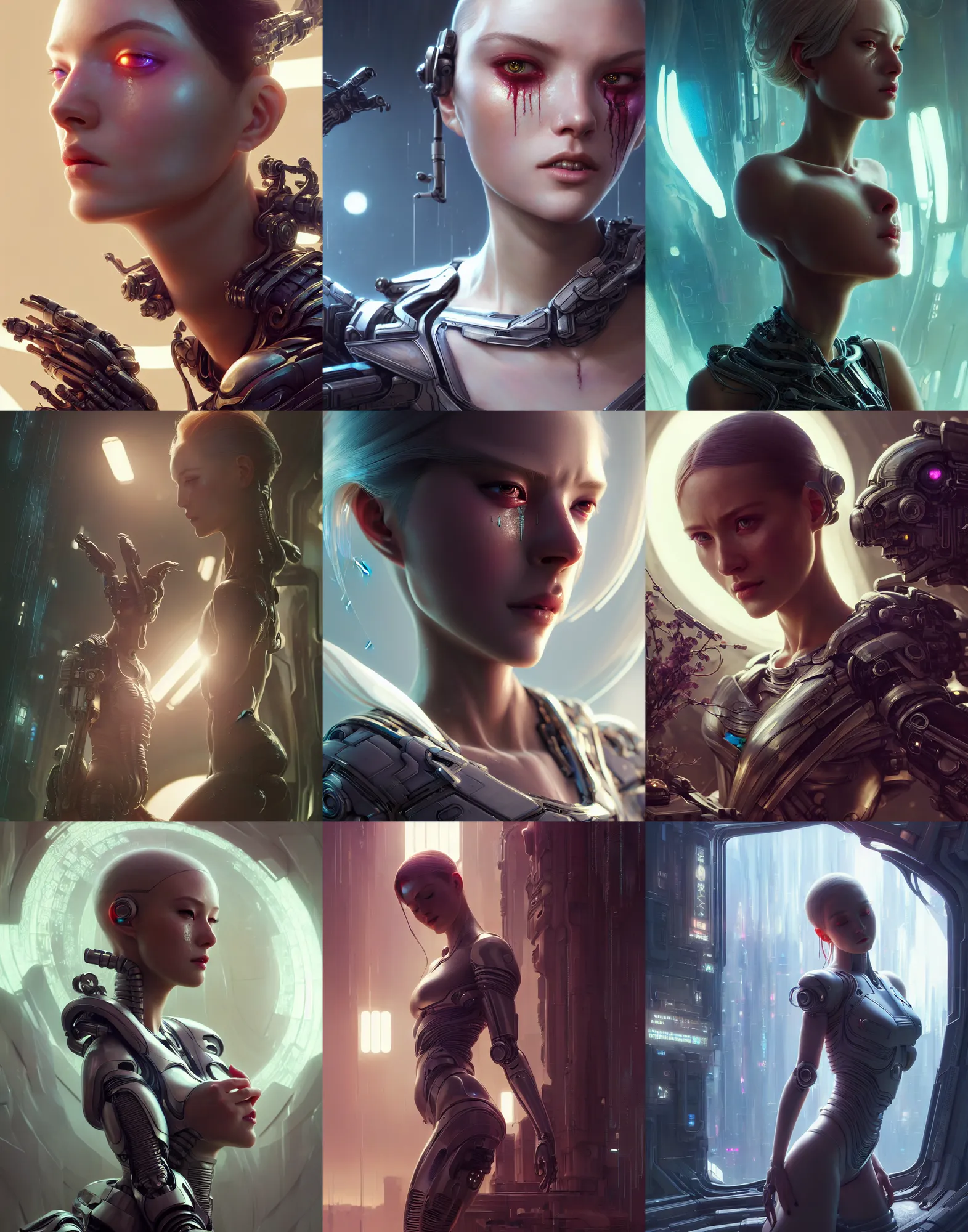 Prompt: crying beautiful female android!, intricate detailed environment, photorealistic!, octane render, mechanical, concept art, cinematic lighting, digital art, cinematic, cgsociety, hyper realism, cyberpunk 8 k. by artgerm and wlop and maciej kuciara and godmachine and moebius and rossdraws and greg rutkowski and alphonse mucha and stanley lau