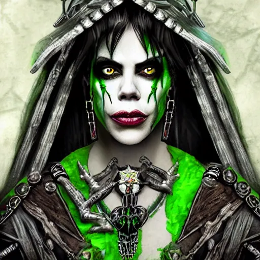 Image similar to close up portrait of fairuza balk as a high priestess necromancer in the style of chaos in warhammer 4 0 k, flowing robe, jewel encrusted chestplate, green black grey and white palette, lolth, dnd, character art