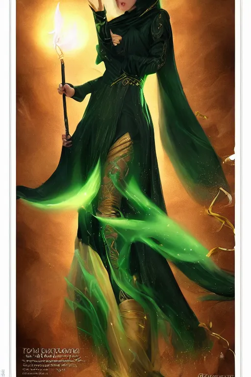 Image similar to a portrait of a youthful attractive girl sorceress wearing a black robe with gold embroidery, casting a spell, green glows, painted by artgerm and tom bagshaw, in the style of magic the gathering, highly detailed digital art