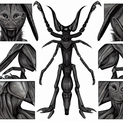 Image similar to a humanoid mantis alien creature, character design sheet, detailed concept art,