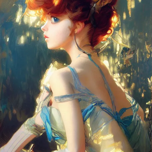 Image similar to a high fashion studio portrait of a cute anime girl, painting by gaston bussiere, craig mullins, j. c. leyendecker