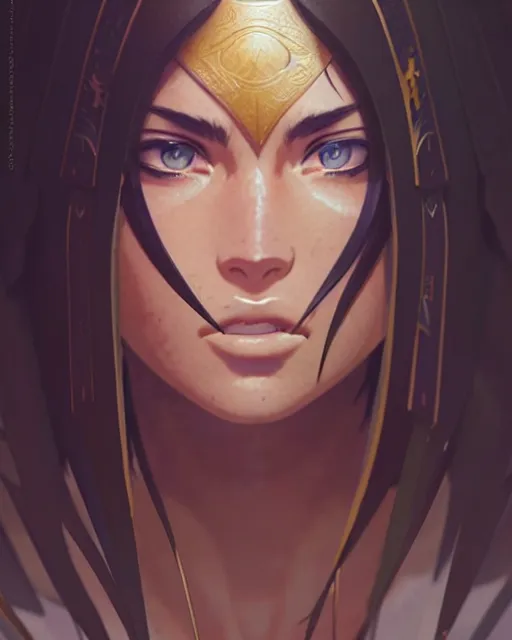 Image similar to azctec warrior, megan fox, detailed perfect face, exquisite details, fire magic, mid view, design on a white background, by studio muti, greg rutkowski makoto shinkai takashi takeuchi studio ghibli