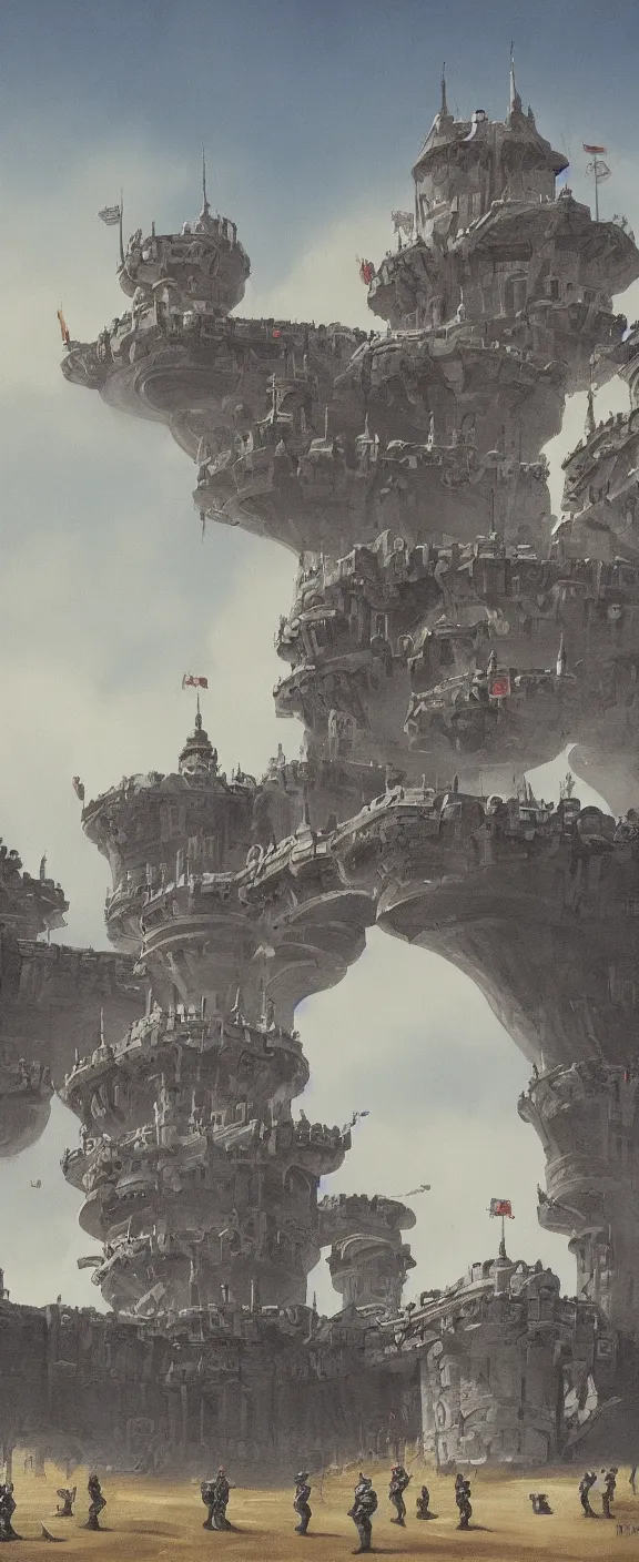 Prompt: painting of a futuristic imperial castle guarded by many soldiers