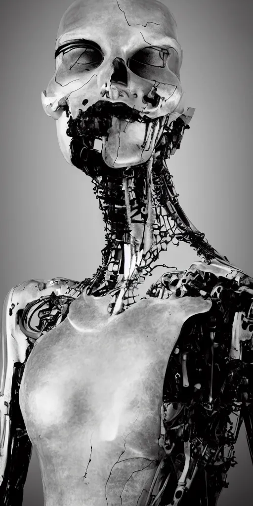 Image similar to black and white dreamy foggy smoky profile face portrait, single skeletal biomechanical beautiful young female cyclops - cyborg - robot bust, body ribs meshes,, volumetric light, rim light, by dora maar and cecile beaton, big gothic fashion pearl embroidered collar, 8 k