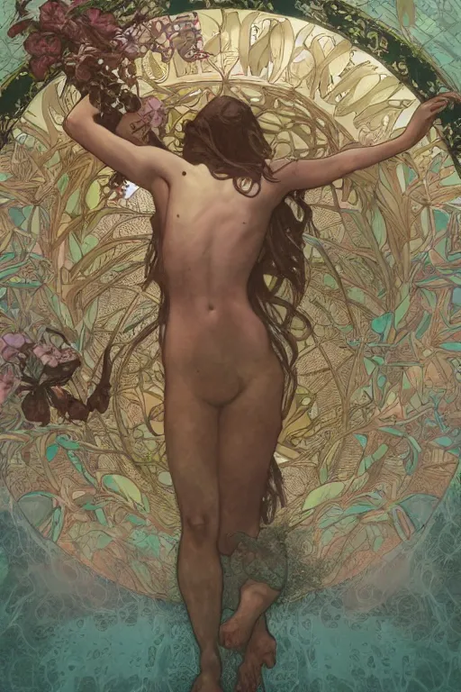 Prompt: summer swimming party, dark fantasy, body horror, composition by alphonse mucha, octane render