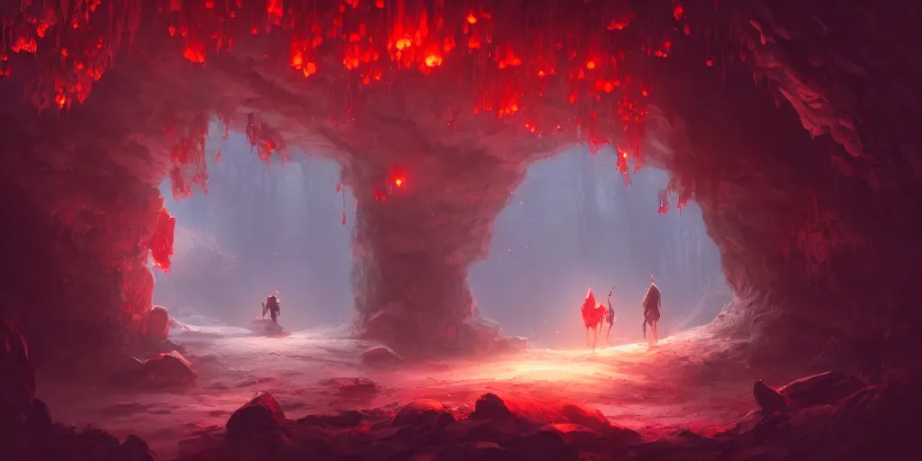 Image similar to entrance to small cave inside the forest, large glowing red crystalline sprouts growing. In style of Greg Rutkowski, Jesper Ejsing, Makoto Shinkai, trending on ArtStation, fantasy, great composition, concept art, highly detailed, scenery, 8K, Behance.