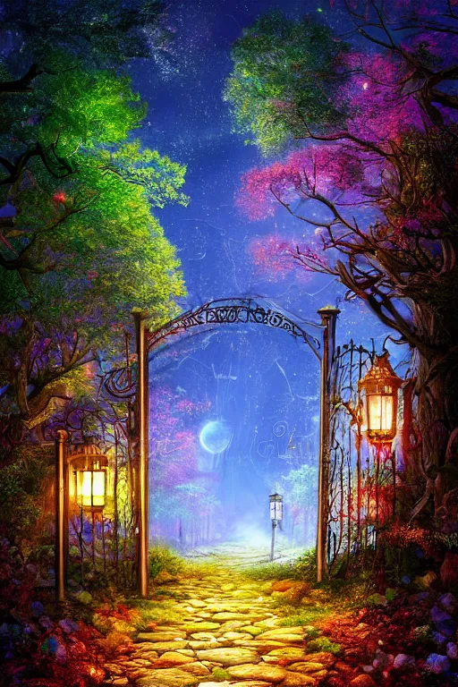 Image similar to a beautiful digital glossy clear sharp of a detailed gothic fantasy fireflies forest trees roots mushrooms fireflies moonlight and iron gate cobblestone pathway vines colorful sky by james gurney, 8 k resolution trending on artstation concept art digital illustration