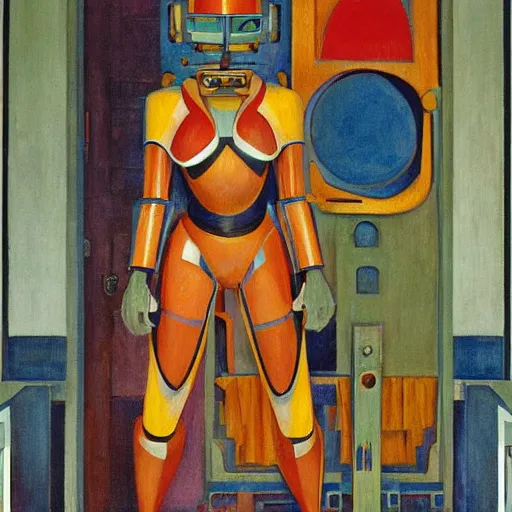 Image similar to the enemy in her robot mask is at the door, by annie swynnerton and kit williams and diego rivera and leo and diane dillon and nicholas roerich, symbolist, dramatic lighting, elaborate geometric ornament, art brut, god rays, soft cool colors, smooth, sharp focus, extremely detailed