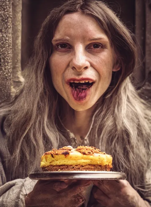 Image similar to closeup profile face portrait of a medieval goblin eating cakes in the cloisters, depth of field, zeiss lens, detailed, symmetrical, centered, fashion photoshoot, by annie leibovitz and steve mccurry, david lazar, jimmy nelsson, breathtaking, 8 k resolution, extremely detailed, beautiful, establishing shot, artistic, hyperrealistic, beautiful face, octane render