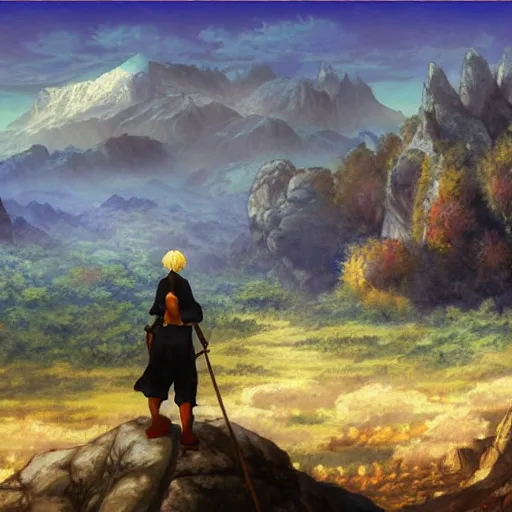 Prompt: an adventurer looks at mountains in the distance, vanillaware art, george kamitani