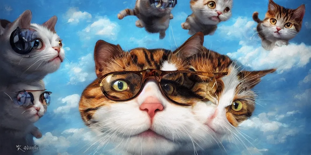 Floating cats with glasses over | Stable blue Darek Diffusion ocean, OpenArt | a