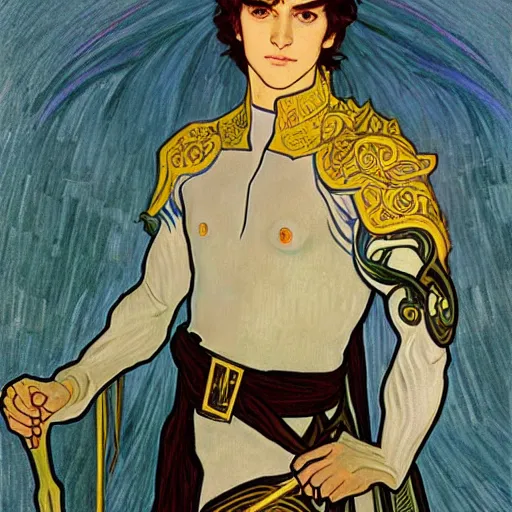 Image similar to portrait painting of young handsome beautiful paladin elf!! man with long! wavy dark hair and blue eyes in his 2 0 s named taehyung minjun james, pale, wearing armor!, gorgeous hair, elf ears, icy eyes, elegant, cute, delicate, soft facial features, art by alphonse mucha, vincent van gogh, egon schiele,