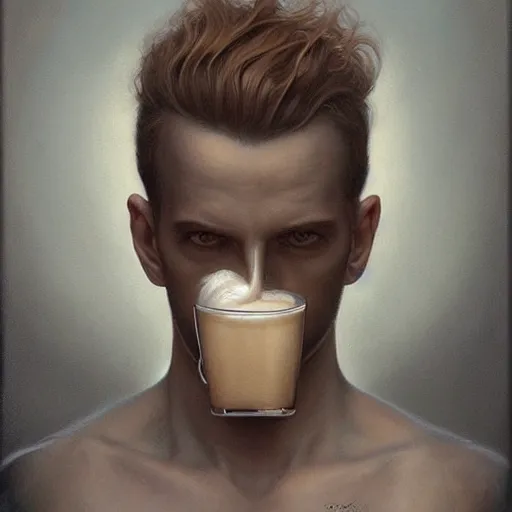 Image similar to by tom bagshaw, ultra realist soft painting of a daily clothed man drinking his coffee, nuclear bomb explosion, partial symmetry accurate features, very intricate details, focus, curvy, award winning, ultra dense fog