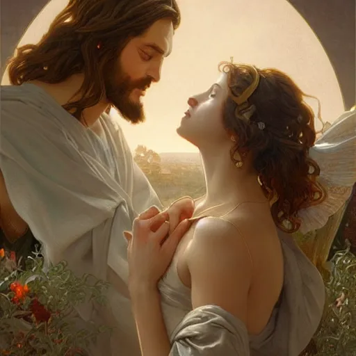 Image similar to jesus kissing a maria maddalena, elegant, highly detailed, digital painting, artstation, concept art, matte, sharp focus, illustration, art by artgerm and greg rutkowski and alphonse mucha, large shot