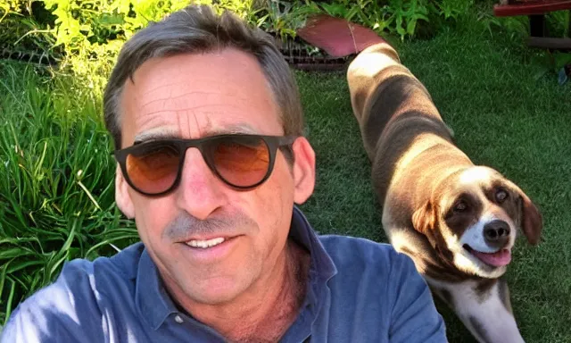 Image similar to My dad Steve just took a hit from the bongo and have good time being gracefully relaxed in the garden, sunset lighting. My second name is Carell. My dad second name is Carell. Im the dog and Steve Carell is my dad. Detailed face