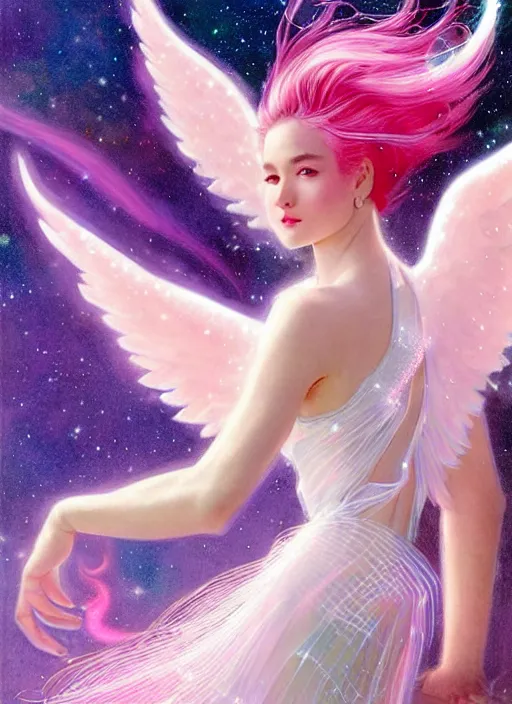 Image similar to closeup harmony of pink haired angel beautiful yoongi wearing white sparkly shiny greek clothes, muted colors, nebula background, neon sparkles everywhere, big wings, dynamic hair movement, + + + + + + dynamic pose, holographic space, glowing effect, j. c leyendecker, by alan lee, wlop! illustrated by starember, fantasy art by craig mullins