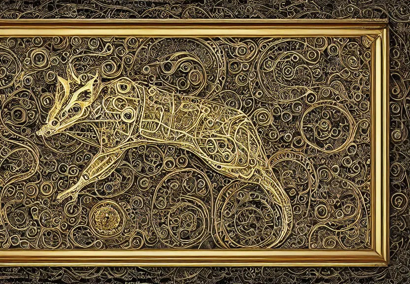 Image similar to schematic blueprint of highly detailed ornate filigreed convoluted ornamented elaborate cybernetic rat, wide wooden frame with gold leaf, art by da vinci