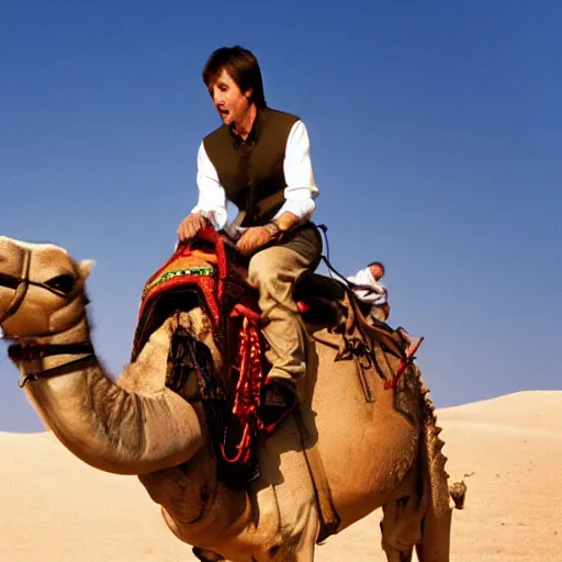 Image similar to Paul McCartney riding a camel in the desert, 8k, high definition, highly detailed, photo-realistic