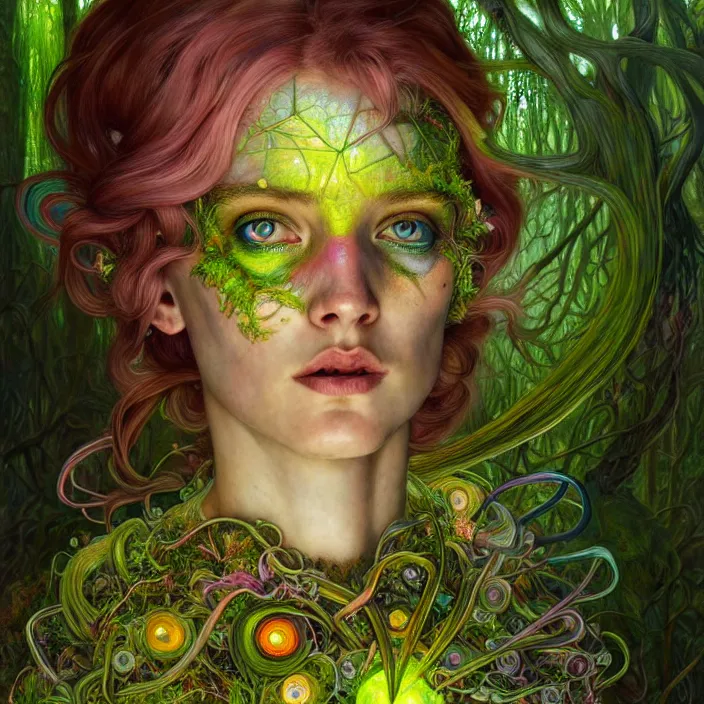 Image similar to bright psychedelic portrait of organic cyborg covered in moss in an ancient forest, diffuse lighting, fantasy, intricate, elegant, highly detailed, lifelike, photorealistic, digital painting, artstation, illustration, concept art, smooth, sharp focus, art by John Collier and Albert Aublet and Krenz Cushart and Artem Demura and Alphonse Mucha